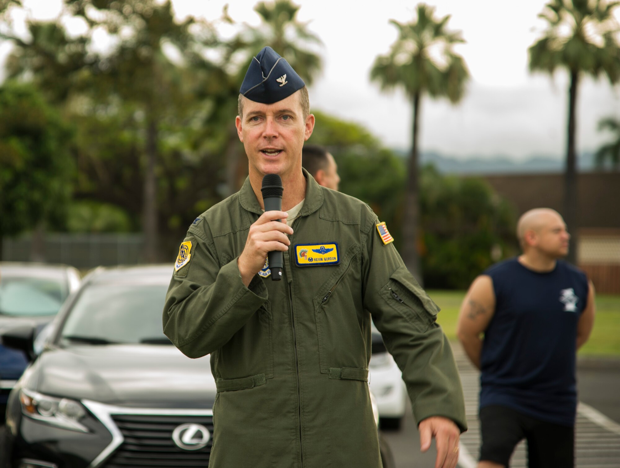 Col. Kevin Gordon, 15th Wing commander, gives the opening remarks during the Inaugural Diamond Mudder, Joint Base Pearl Harbor-Hickam, Hawaii, May 4, 2018.  The Diamond Mudder was a seven-mile team race, consisting of eight obstacles ranging from buddy drags to marksmanship. (U.S. Air Force photo by Tech. Sgt. Heather Redman)