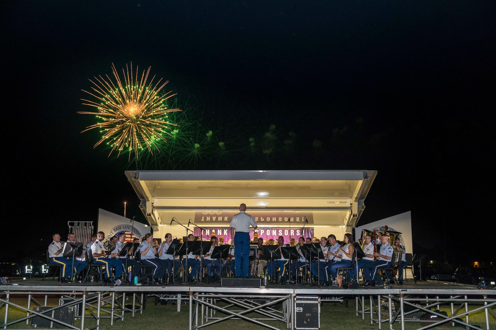 The 323d Army Band “Fort Sam’s Own” performs with the Band of the West during the annual Military Appreciation Weekend May 6, 2017 at Joint Base San Antonio-Fort Sam Houston, Texas. U.S. U.S. Army North and JBSA hosted the two-day event, which featured music, family activities, and various military demonstrations. This year, the appreciation weekend also commemorated the 300th anniversary for the city of San Antonio. (U.S. Air Force photo by Ismael Ortega / Released)