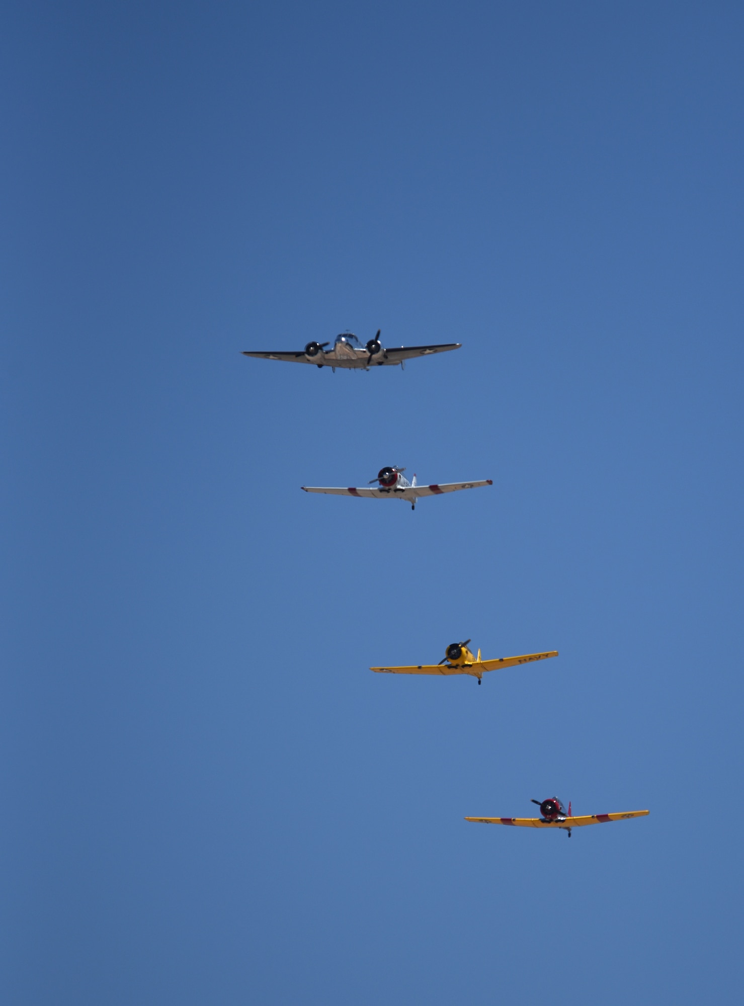 Four heritage aircraft fly over Holloman Air Force Base during the 2018 Legacy of Liberty open house in N.M., May 5, 2018. Holloman opened its gates to the public to show some of the capabilities of the U.S. Air Force, including an F-16 Fighting Falcon demonstration team, several static displays and a show from the Air Force Academy's Wings of Blue Team. (U.S. Air Force photo by Staff Sgt. Timothy Young)