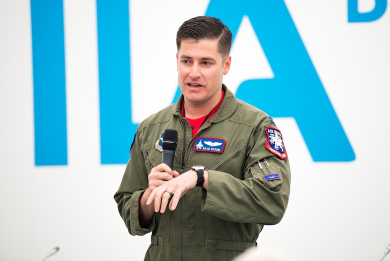 Capt. Andrew “Dojo” Olson, F-35 Heritage Flight Team commander and pilot, speaks to the media at a press conference during the 2018 Berlin Air and Trade Show at the Berlin Schönefeld Airport in Berlin, April 26, 2018. During the conference, Olson shared his experience of flying the F-35A Lightning II and answered questions from various media outlets.