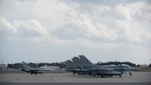 U.S. Air Force F-16 Fighting Falcons taxi on the flight line in preparation for dissimilar air combat tactics operations at Misawa Air Base, Japan, April 12, 2018. The knowledge and camaraderie the Japan Air Self-Defense Force and U.S. Air Force receive during this training creates a stronger force and builds bonds between the two nations. (U.S. Air Force photo by Airman 1st Class Collette Brooks)