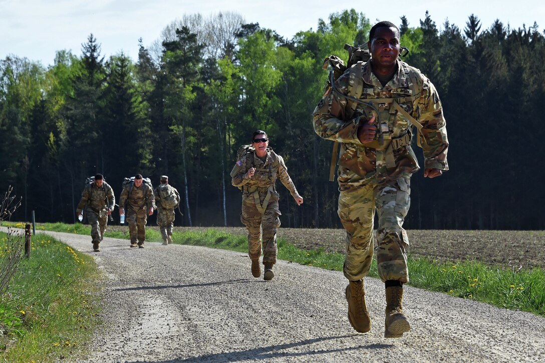 U.S. soldiers participate in a ruck march.