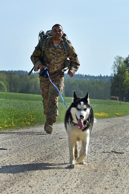 A soldier and his dog participate in a ruck march.
