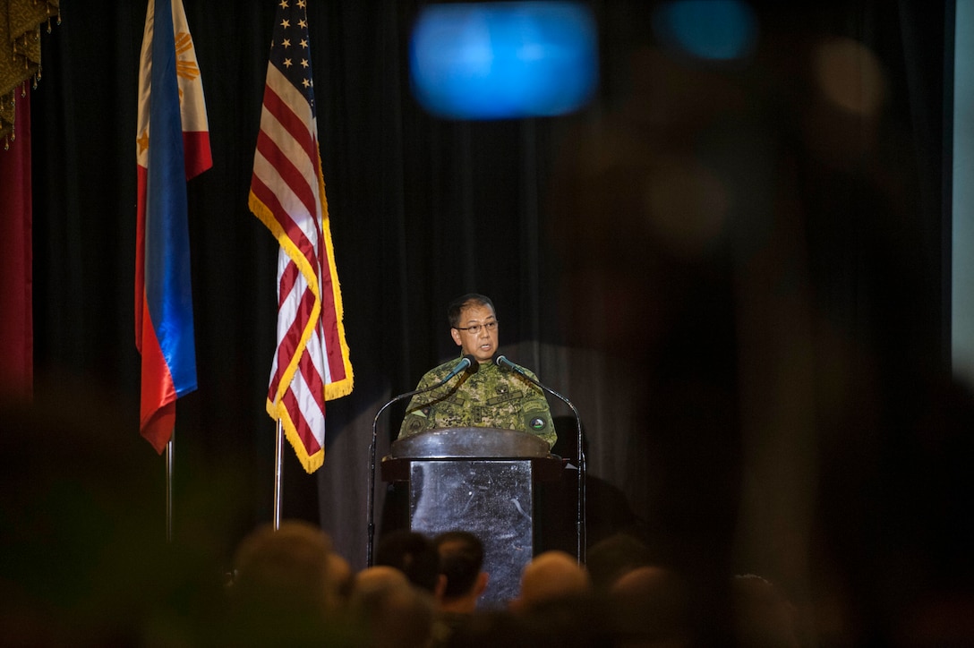 Armed Forces of the Philippines Lt. Gen. Carlito G. Galvez Jr., chief of staff, Armed Forces of the Philippines, delivers his remarks during the Exercise Balikatan opening ceremony held at Tejeros Hall, Camp General Emilio Aguinaldo, Quezon City, Manila, Philippines, May 7, 2018. The ceremony represented the official commencement of Exercise Balikatan and the continued partnership between the United States and the Republic of the Philippines. Exercise Balikatan, in its 34th iteration, is an annual U.S.-Philippine military training focused on a variety of missions, including humanitarian assistance and disaster relief, counterterrorism, and other combined military operations held from May 7 to May 18.