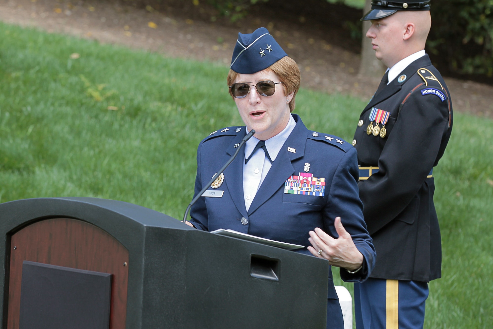 U.S. Air Force Maj. Gen. Dorothy Hogg, Air Force Deputy Surgeon General and chief, Air Force Nurse Corps, delivers keynote remarks at Arlington National Cemetery, Va., during a wreath laying at the Nurses Memorial for National Nurses and Medical Technicians Week, May 7, 2018. (Courtesy photo by Defense Health Agency Communications Division)