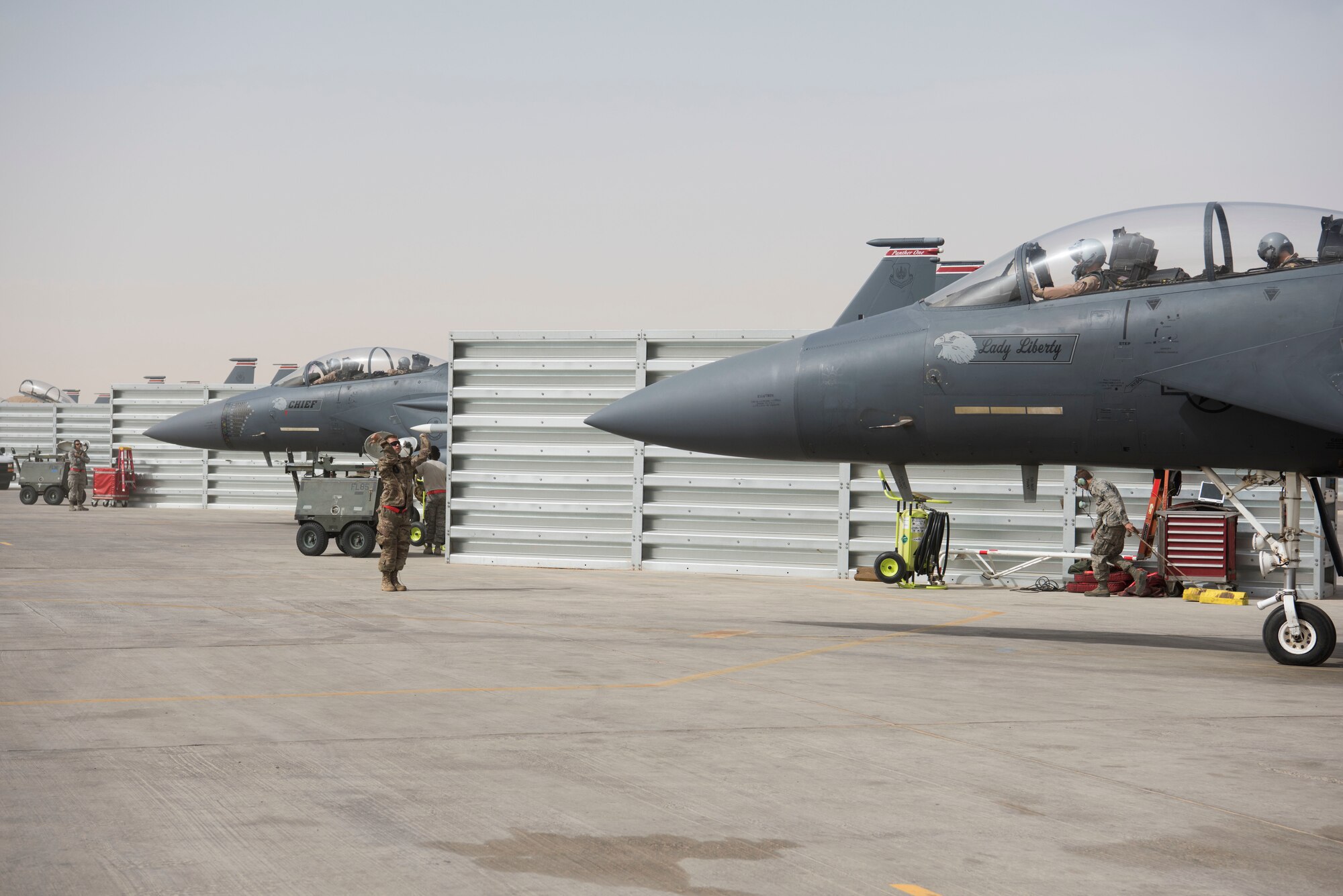 Col. Shane Steinke, 332nd Air Expeditionary Wing vice commander, prepares to take off on his final flight May 7, 2018, at an undisclosed location in Southwest Asia.