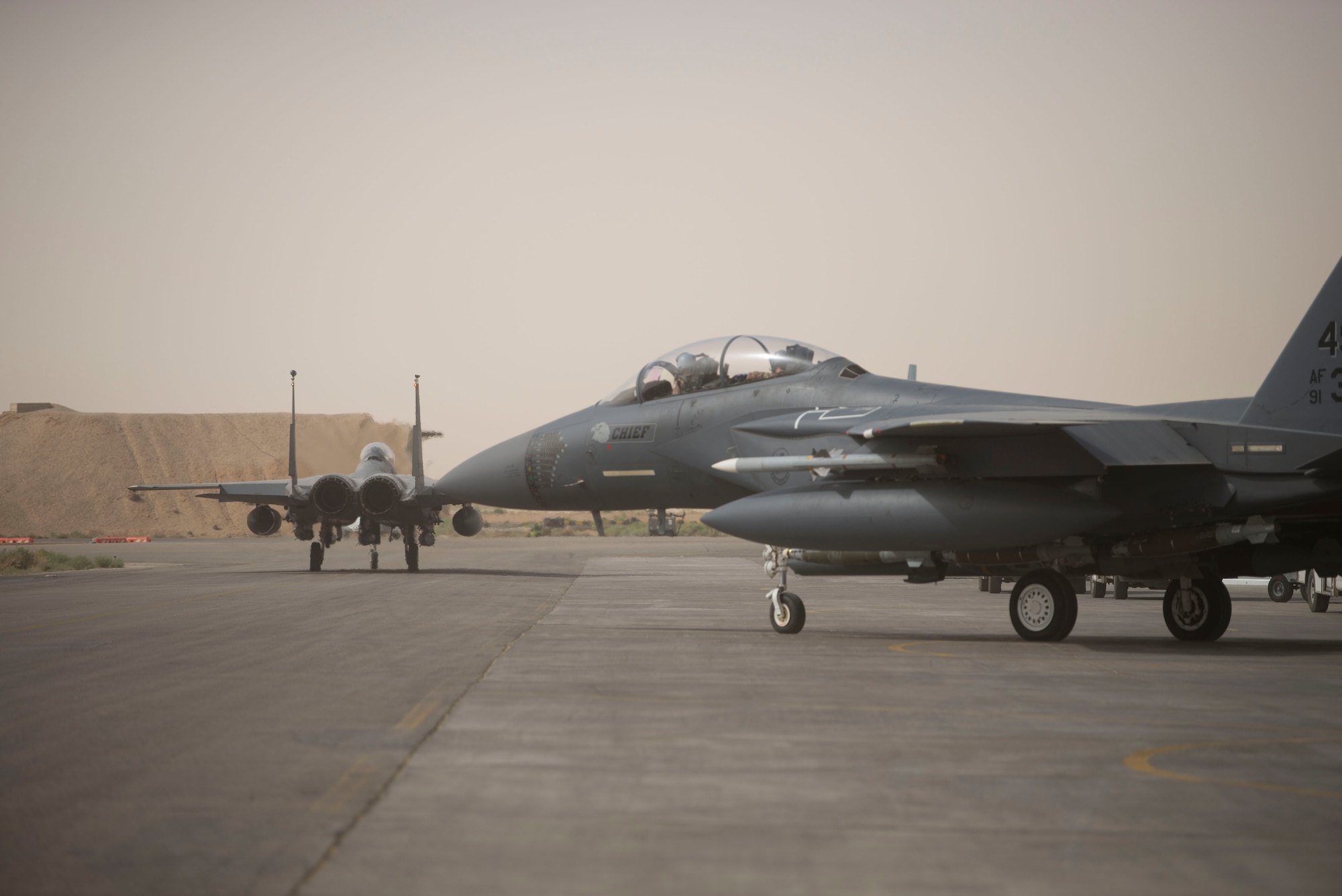 Col. Shane Steinke, 332nd Air Expeditionary Wing vice commander, prepares to take off as he completes his final flight May 7, 2018, at an undisclosed location in Southwest Asia.
