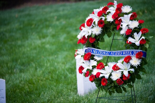 The Military Health System annual National Nurses Week wreath-laying ceremony took place at Arlington National Cemetery May 7. Speakers included Air Force Maj. Gen. Dorothy Hogg, U.S. Public Health Service Rear Adm. Carol Romano, and Navy Capt. Deborah Roy. (Courtesy photo by Military Health System Communications)
