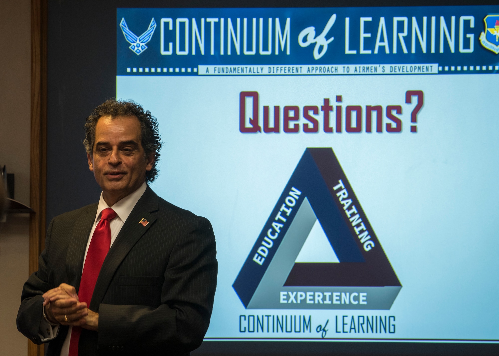 Masoud Rasti, Headquarters Air Education and Training Command Force Development expert briefs 58th Special Operations Wing senior leaders about the Continuum of Learning at Kirtland Air Force Base, N.M., April 25. The Continuum of Learning initiative is a shift to better focus how Airmen learn by integrating education, training and experience in ways that allow them to learn anytime, anywhere throughout their careers. The end goal is to create a culture of lifelong learning. (U.S. Air Force photo by Staff Sgt. J.D. Strong II)