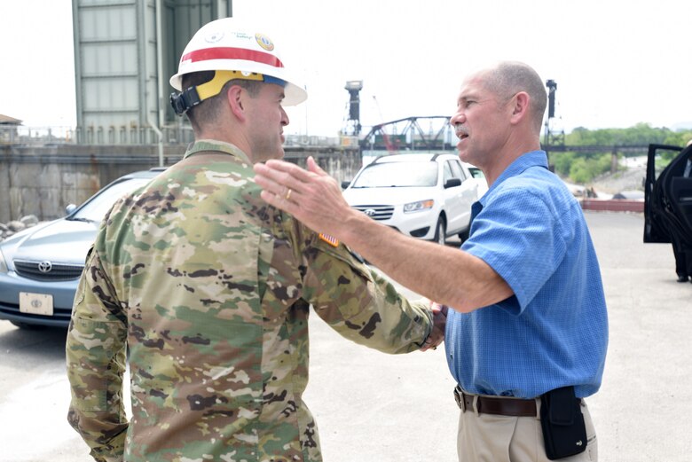 Lt. Col. Cullen Jones (Left), U.S. Army Corps of Engineers Nashville District commander, interacts with Vice Adm. Charles Ray, U.S. Coast Guard deputy commandant for Operations, at the conclusion of his visit to Chickamauga Lock May 4, 2018 at Tennessee River mile 471 in Chattanooga, Tenn. Ray is the incoming assistant commandant of the Coast Guard. (USACE Photo by Lee Roberts)