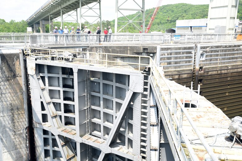 U.S. Army Corps of Engineers Nashville District and Tennessee Valley Authority officials lead Vice Adm. Charles Ray, U.S. Coast Guard deputy commandant for Operations, on a tour of Chickamauga Lock May 4, 2018 at Tennessee River mile 471 in Chattanooga, Tenn. Ray is the incoming assistant commandant of the Coast Guard. (USACE Photo by Lee Roberts)