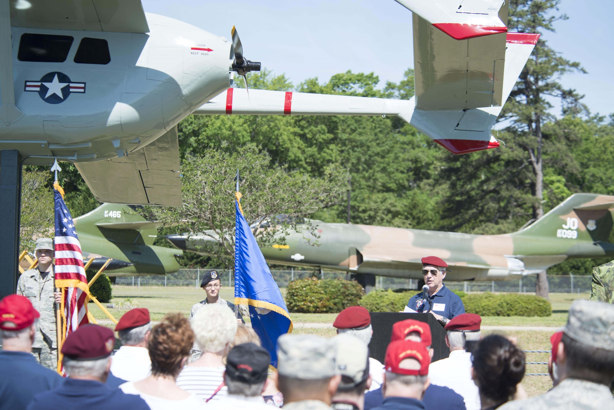 U.S. Army retired Lt. Col. Ray Rhodes, Society of the Vietnamese Airborne president, speaks at the O-2 Skymaster static display rededication ceremony at Shaw Air Force Base, S.C., May 4, 2018.