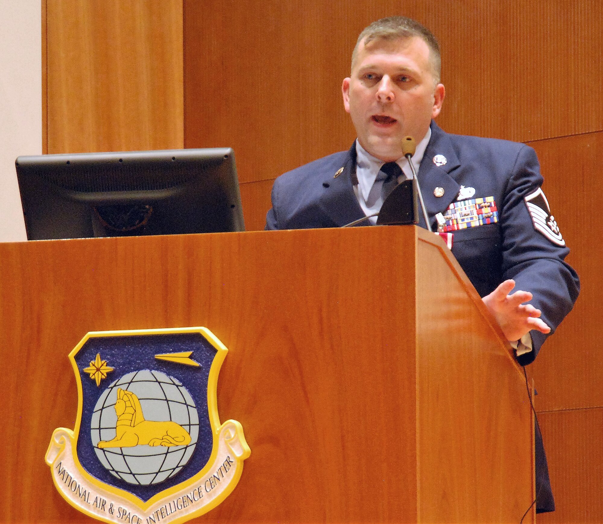 655th Intelligence, Surveillance and Reconnaissance Unit Training Manager and Unit Deployment Manager Master Sgt. Todd Cook talks about the highlights of his career during his retirement ceremony, here, April 21, 2018. Cook retired after 23 years of service, thanking all those who helped put him in a position to succeed. (U.S. Air Force photo/2nd Lt. Weston Woodward)
