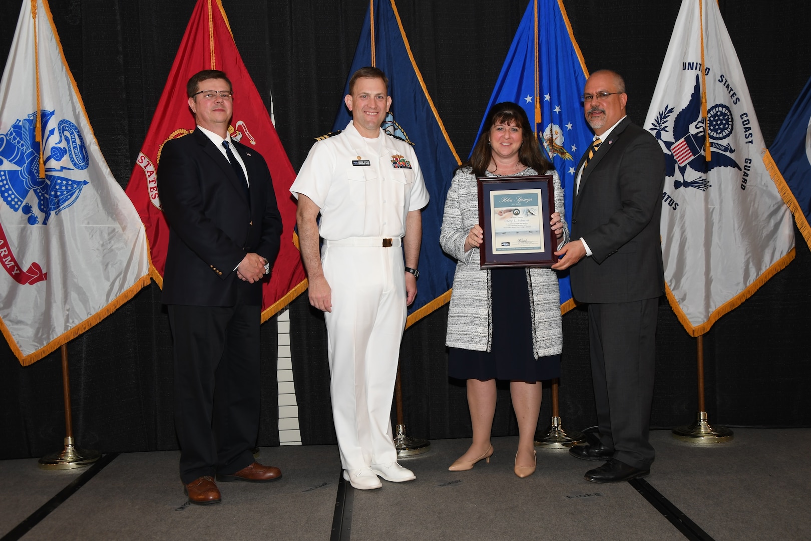 IMAGE: Cheryl Subacius is presented the Helen Springer Award at Naval Surface Warfare Center Dahlgren Division's annual awards ceremony, Apr. 26 at the Fredericksburg Expo and Conference Center.

The award recognizes individuals who have made a notable and significant impact to business operations at NSWCDD. The award was named in honor of Helen Springer, a former NSWCDD Deputy Human Resources Director who was instrumental in transforming business operations at Dahlgren from a paper-based system to an electronic environment.