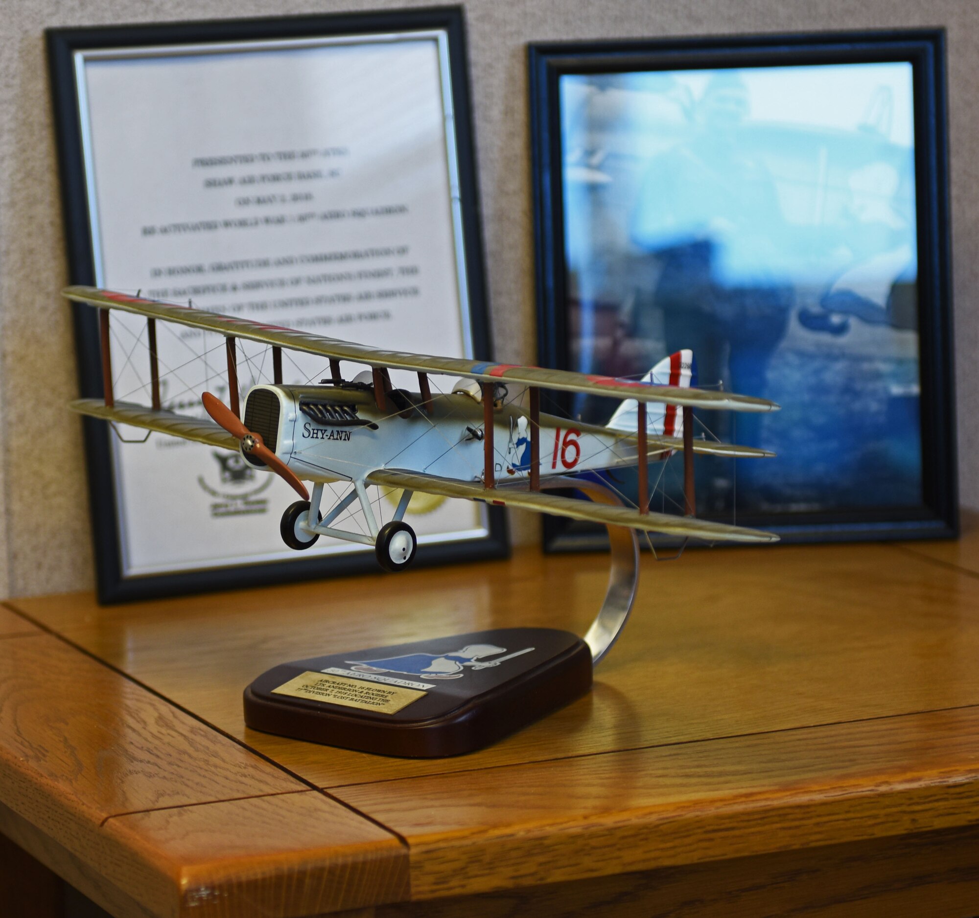 On display is the Airco DH-4 model aircraft that was presented to the 50th Attack Squadron by Jerry Hester, World War I centennial commissioner at Shaw Air Force Base, S.C., May 2, 2018.