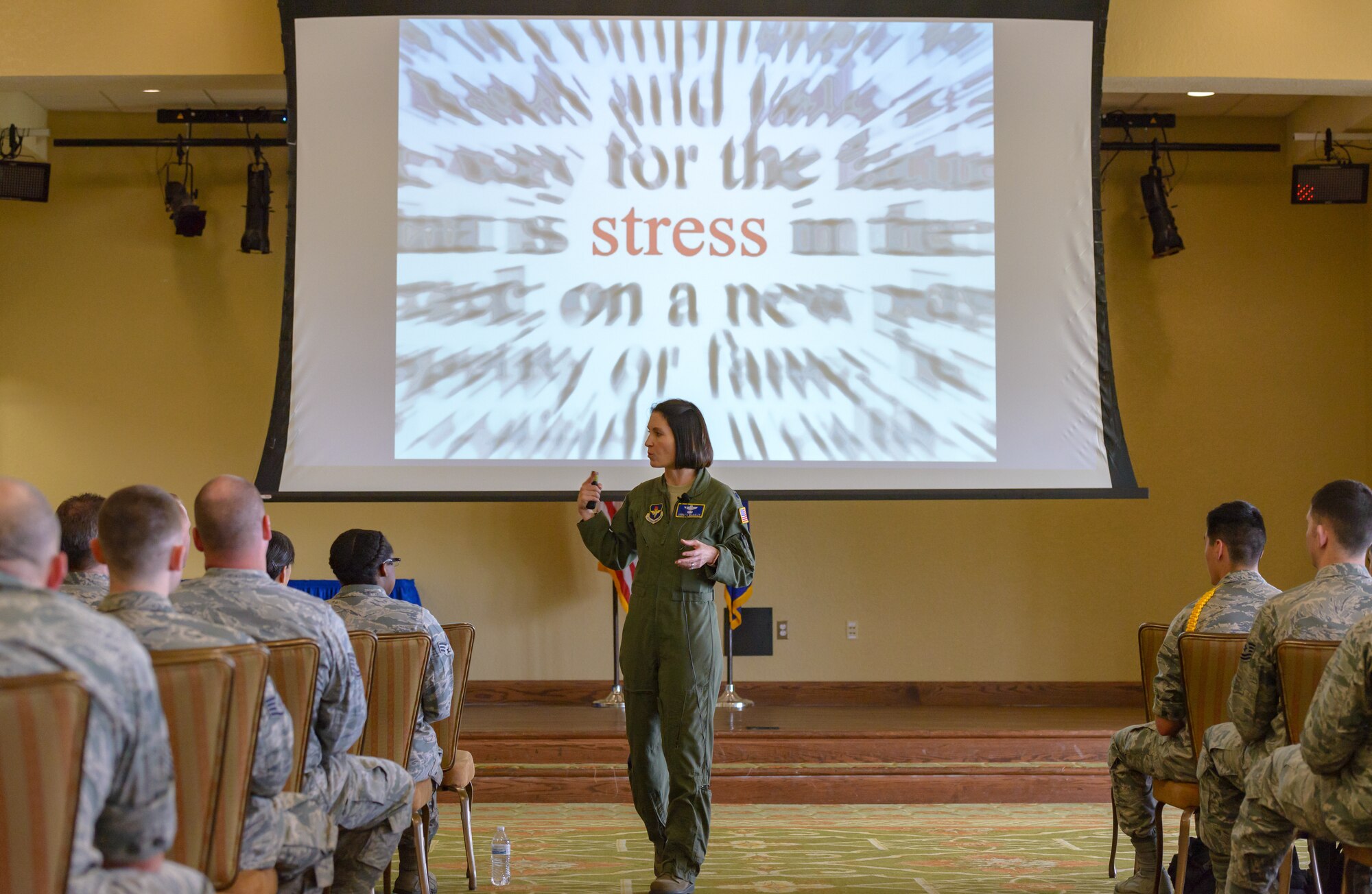 U.S. Air Force Lt. Col. Jannell MacAulay, 58th Special Operations Wing mindfulness and human performance consultant, Kirtland Air Force Base, New Mexico, gives a presentation on mindful leadership in the Bay Breeze Event Center at Keesler Air Force Base, Mississippi, May 1, 2018. MacAulay provided guidance to Keesler personnel to assist in their growth as managers into effective, adaptive and agile leaders while managing the stressors of everyday life. (U.S. Air force photo by Andre’ Askew)