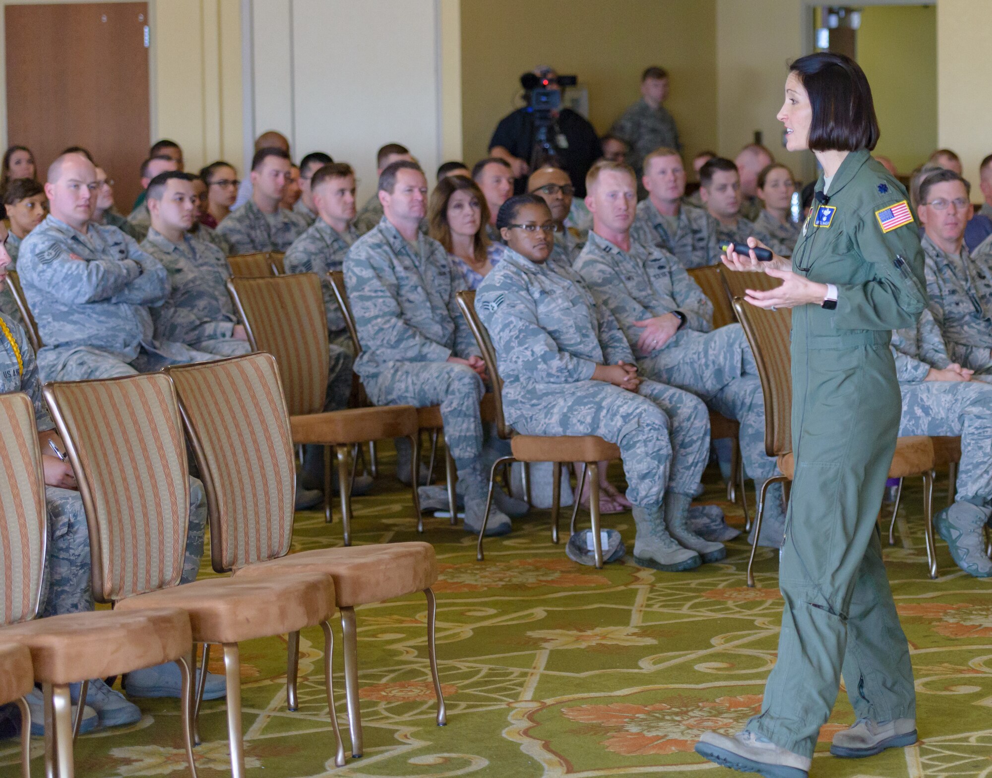 U.S. Air Force Lt. Col. Jannell MacAulay, 58th Special Operations Wing mindfulness and human performance consultant, Kirtland Air Force Base, New Mexico, gives a presentation on mindful leadership in the Bay Breeze Event Center at Keesler Air Force Base, Mississippi, May 1, 2018. MacAulay provided guidance to Keesler personnel to assist in their growth as managers into effective, adaptive and agile leaders while managing the stressors of everyday life. (U.S. Air force photo by Andre’ Askew)