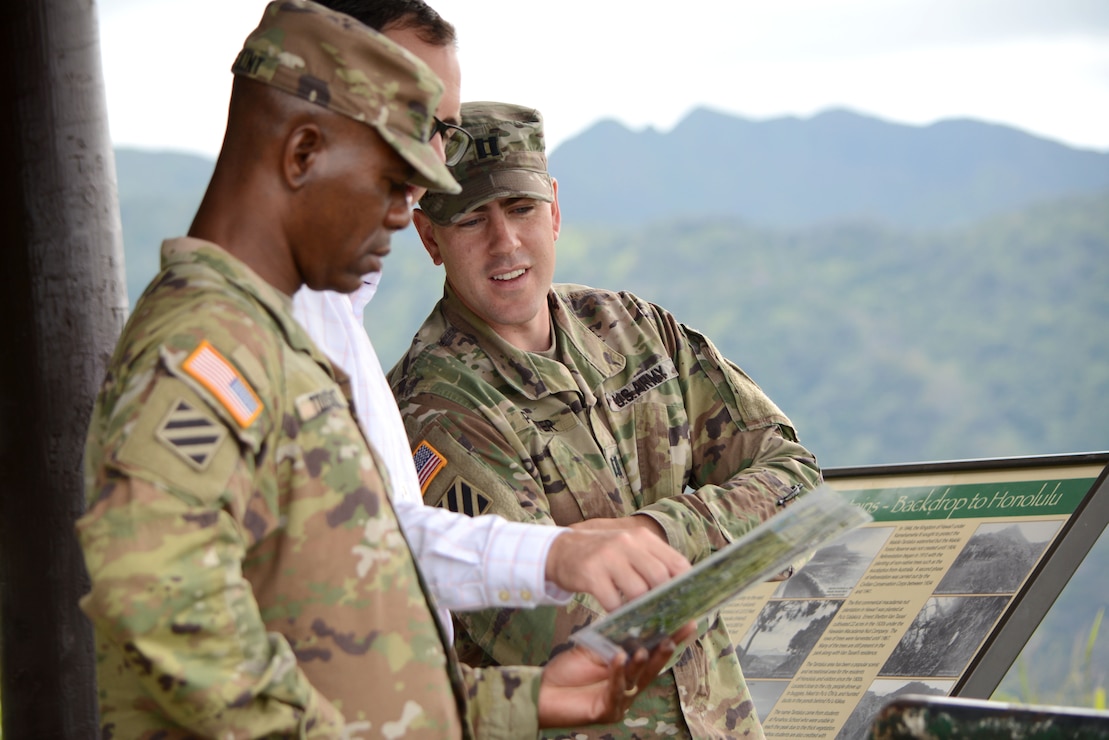 U.S. Army Corps of Engineers Pacific Ocean Division Command Sgt. Maj. Patrickson Toussaint received his command brief May 1, 2018 by Honolulu District Commander Lt. Col. James D. Hoyman.