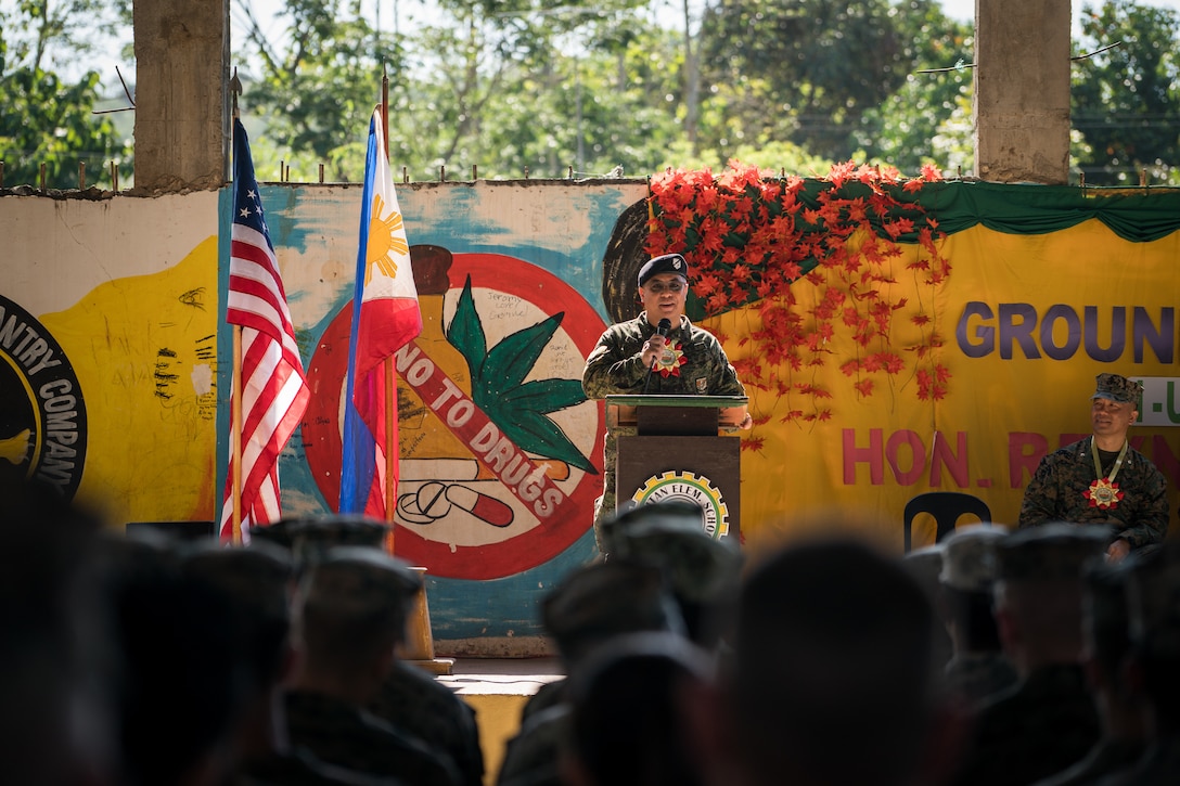 Philippine Army Lt. Col. Ramon Antonio E. Bello Cav gives his remarks during the groundbreaking ceremony at Calangitan Elementary School in Capas, Tarlac, Philippines, in support of Exercise Balikatan, April 19, 2018. Bello Cav is the commanding officer of 3rd Mechanized Infantry Battalion. Balikatan 34-2018, in its 34th iteration, is an annual U.S.-Philippine military training exercise focused on a variety of missions, including humanitarian assistance and disaster relief, counterterrorism and other combined military operations held from May 7 to 18. (U.S. Marine Corps photo by Sgt. Matthew J. Bragg)