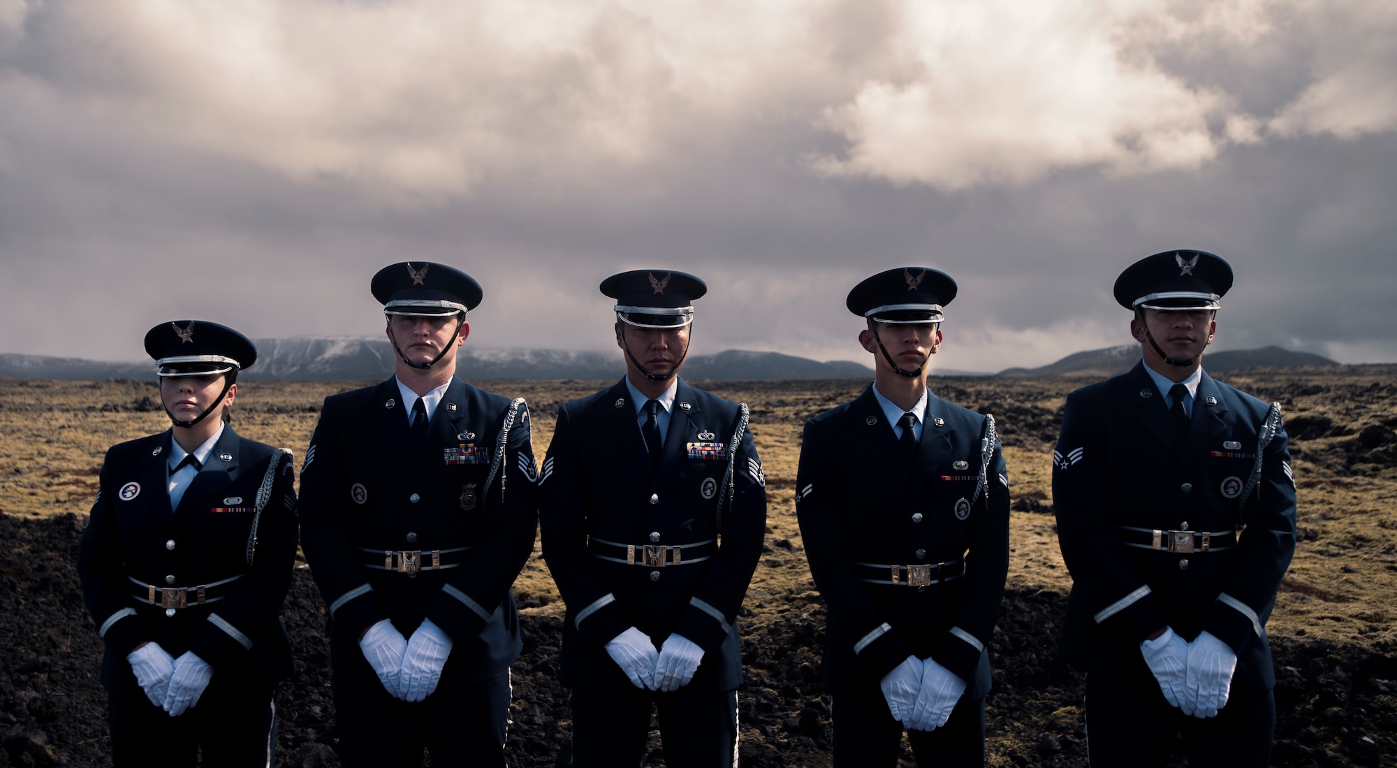 Members of Spangdahlem Air Base, Germany, Ceremonial Guard pose for a photo during a monument dedication ceremony to honor the crew of B-24 Liberator “Hot Stuff” at Keflavic Air Station, Iceland, May 3, 2018.  As two of the founding nations of NATO, Iceland and the U.S. continue their long and enduring relationship of seamless cooperation as allies.  (U.S. Navy photo by MC3 Evan Parker)
