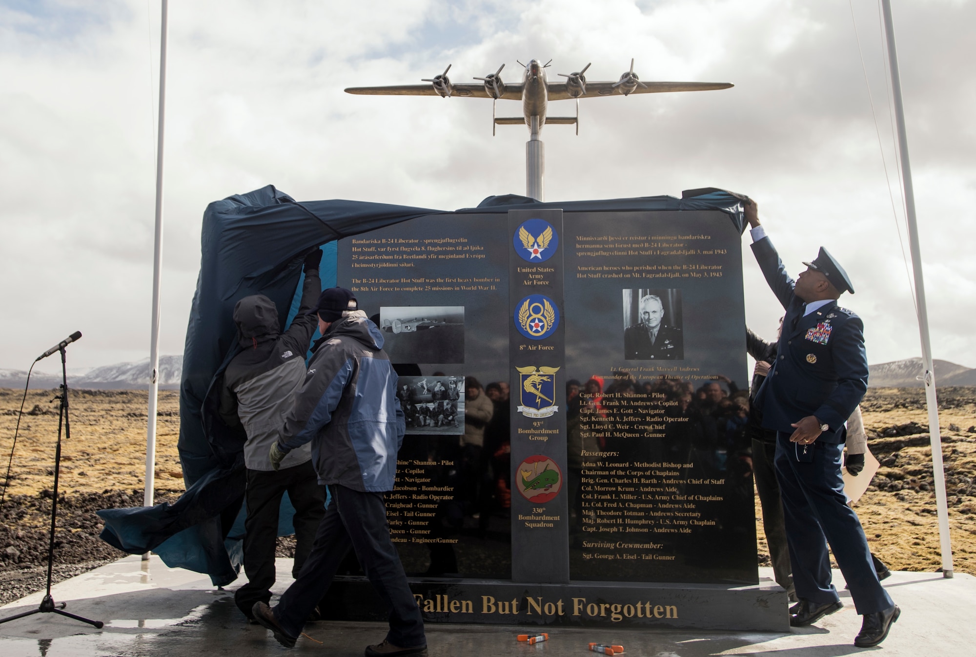 Keflavick, Iceland (May 3, 2018)  U.S. and Iceland honoured the crew of B-52 Liberator ‘Hot Stuff’ monument dedication ceremony on the 75th anniversary of it crashing in Iceland during a heavy storm.  All but one passenger on board were killed to include famous WW II Lt. Gen. Frank Maxwell Andrews.   As two of the founding nations of NATO, Iceland and the U.S. continue their long and enduring relationship of seamless cooperation as allies.  (U.S. Navy photo by MC3 (SW/AW) Evan Parker)