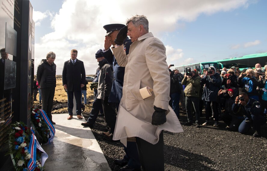 Keflavick, Iceland (May 3, 2018)  U.S. and Iceland honoured the crew of B-52 Liberator ‘Hot Stuff’ monument dedication ceremony on the 75th anniversary of it crashing in Iceland during a heavy storm.  All but one passenger on board were killed to include famous WW II Lt. Gen. Frank Maxwell Andrews.   As two of the founding nations of NATO, Iceland and the U.S. continue their long and enduring relationship of seamless cooperation as allies.  (U.S. Navy photo by MC3 (SW/AW) Evan Parker)