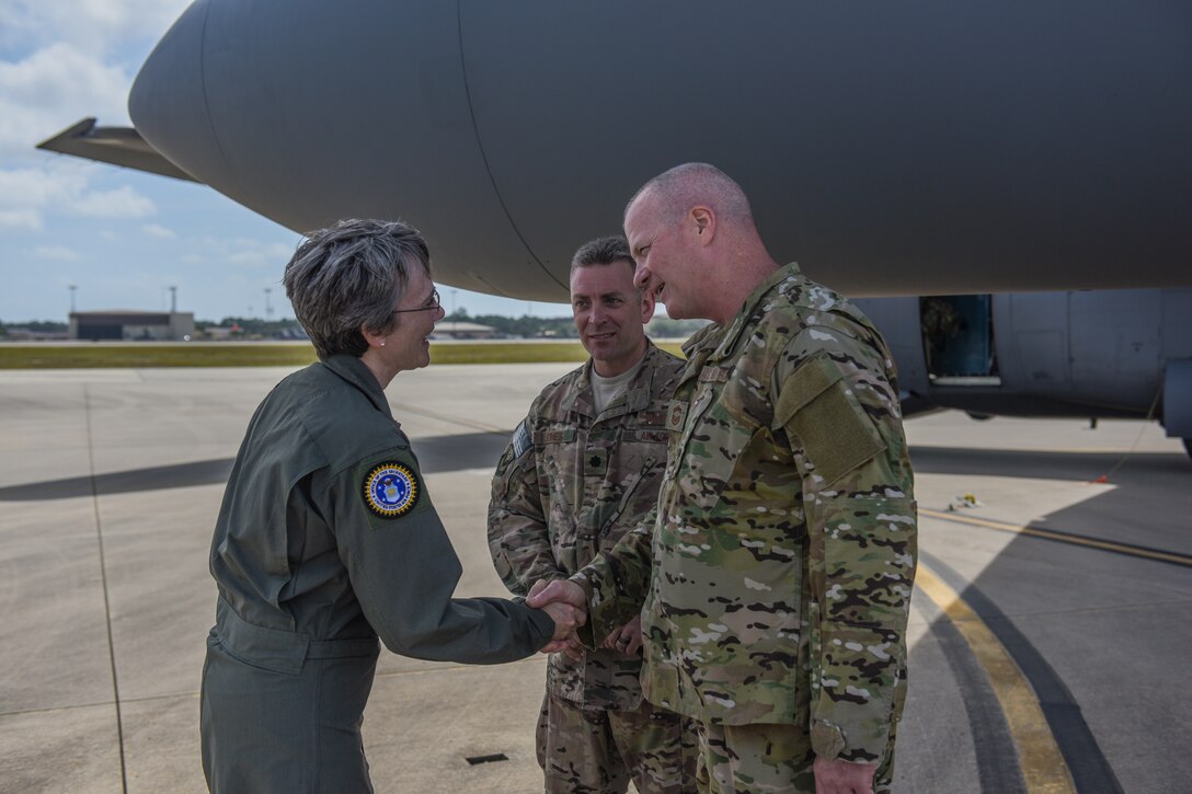 Secretary of the Air Force Heather Wilson is greeted by Chief Master Sgt. William Lengner, 193rd Special Operations Group superintendent, Pennsylvania Air National Guard.