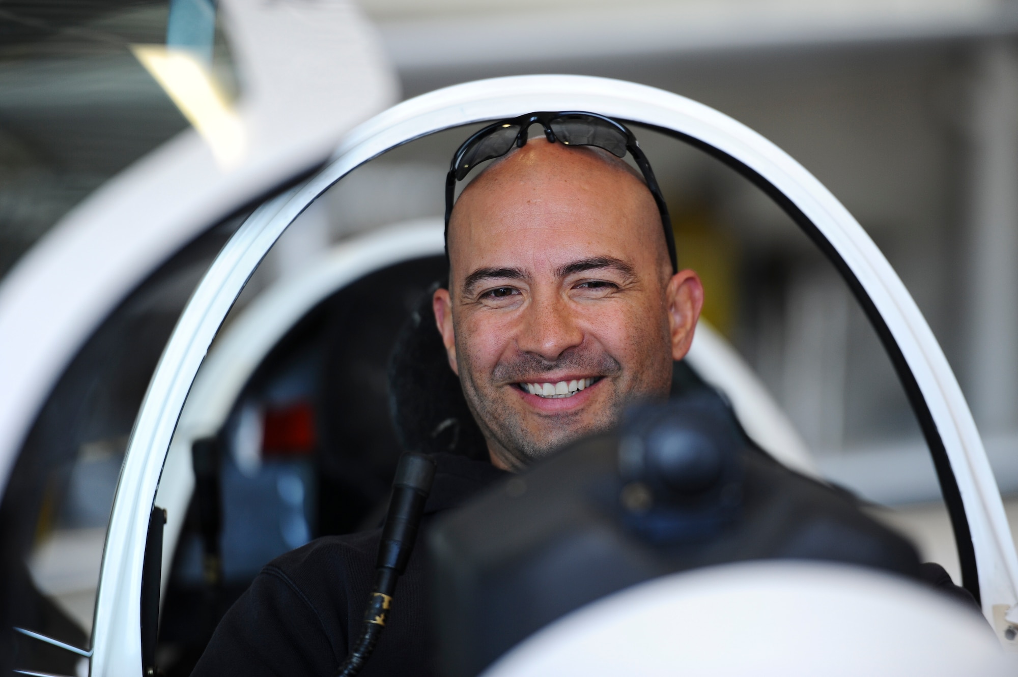 Donald Malloy, a veteran Army captain, sits on a glider’s passenger seat prior to an orientation flight for the wounded warriors May 8, 2018, at the Air Force Academy, Colo. The 94th Flying Training Squadron partnered with the Soaring Eagle Foundation and Wounded Warrior Program to fly eight veterans aboard the Academy’s glider. (U.S. Air Force photo/Master Sgt. Julius Delos Reyes)