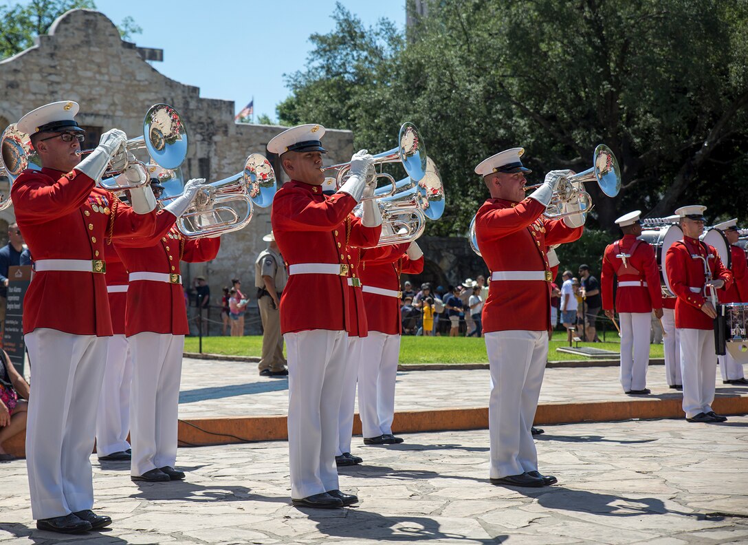 Marines with “The Commandant’s Own” U.S. Marine Drum & Bugle Corps, perform musical ballads during their performance as a part of a Battle Color Ceremony for the San Antonio Tricentennial Military Appreciation Day at the Alamo, San Antonio, Texas, May 6, 2018. The Military Appreciation Day was held in San Antonio to salute military history with a weekend of programming including special events, ceremonies and living history demonstrations. (Official U.S. Marine Corps photo by Sgt. Robert Knapp/Released)