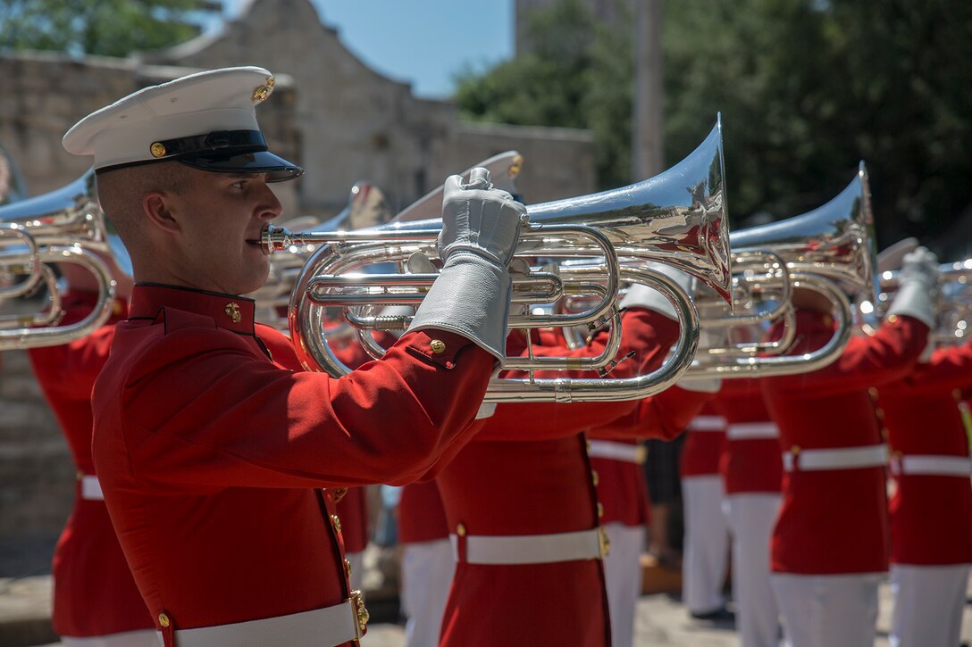 Corporal Cody Hutto, uppers section, “The Commandant’s Own” U.S. Marine Drum & Bugle Corps, performs musical ballads during a Battle Color Ceremony for the San Antonio Tricentennial Military Appreciation Day at the Alamo, San Antonio, Texas, May 6, 2018. The Military Appreciation Day was held in San Antonio to salute military history with a weekend of programming including special events, ceremonies and living history demonstrations. (Official U.S. Marine Corps photo by Sgt. Robert Knapp/Released)