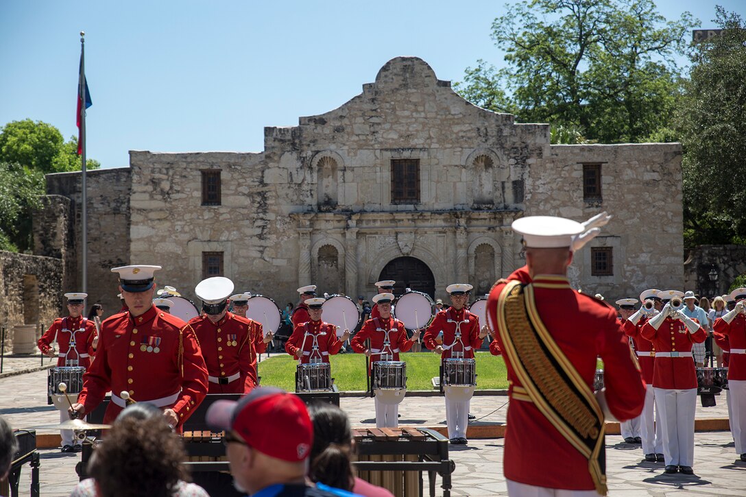 Marines with “The Commandant’s Own” U.S. Marine Drum & Bugle Corps, perform musical ballads during their performance as a part of a Battle Color Ceremony for the San Antonio Tricentennial Military Appreciation Day at the Alamo, San Antonio, Texas, May 6, 2018. The Military Appreciation Day was held in San Antonio to salute military history with a weekend of programming including special events, ceremonies and living history demonstrations. (Official U.S. Marine Corps photo by Sgt. Robert Knapp/Released)