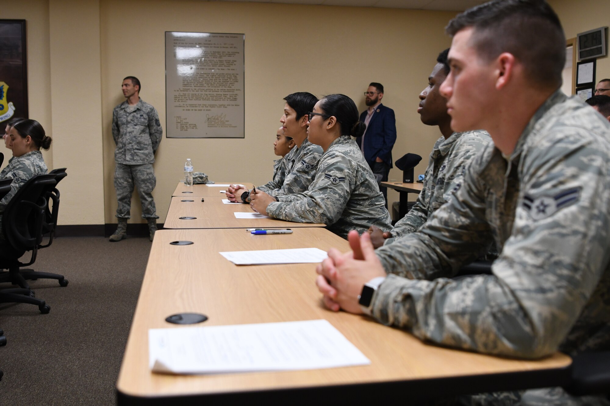 Keesler Airmen listen to Jairek Robbins, performance coach, during an 81st Mission Support Group immersion tour in the Professional Development Center at Keesler Air Force Base, Mississippi, May 7, 2018. Robbins spoke to Airmen participating in a First Term Airman Course about achieving goals, motivation and incorporating good daily habits to bring them closer to their goals. (U.S. Air Force photo by Airman 1st Class Suzie Plotnikov)
