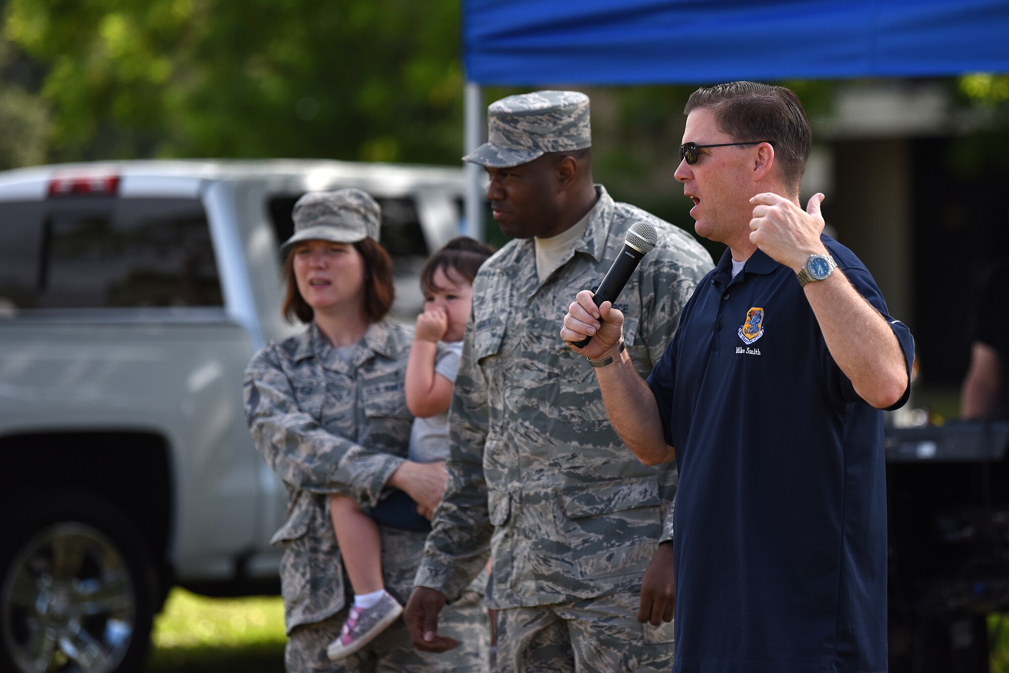 U.S. Air Force Col. C. Mike Smith, 81st Training Wing vice commander, gives opening remarks during Operation Hero at Keesler Air Force Base, Mississippi, May 5, 2018. The event gave military children a glimpse into the lives of deployed military members. (U.S. Air Force photo by Airman 1st Class Suzie Plotnikov)