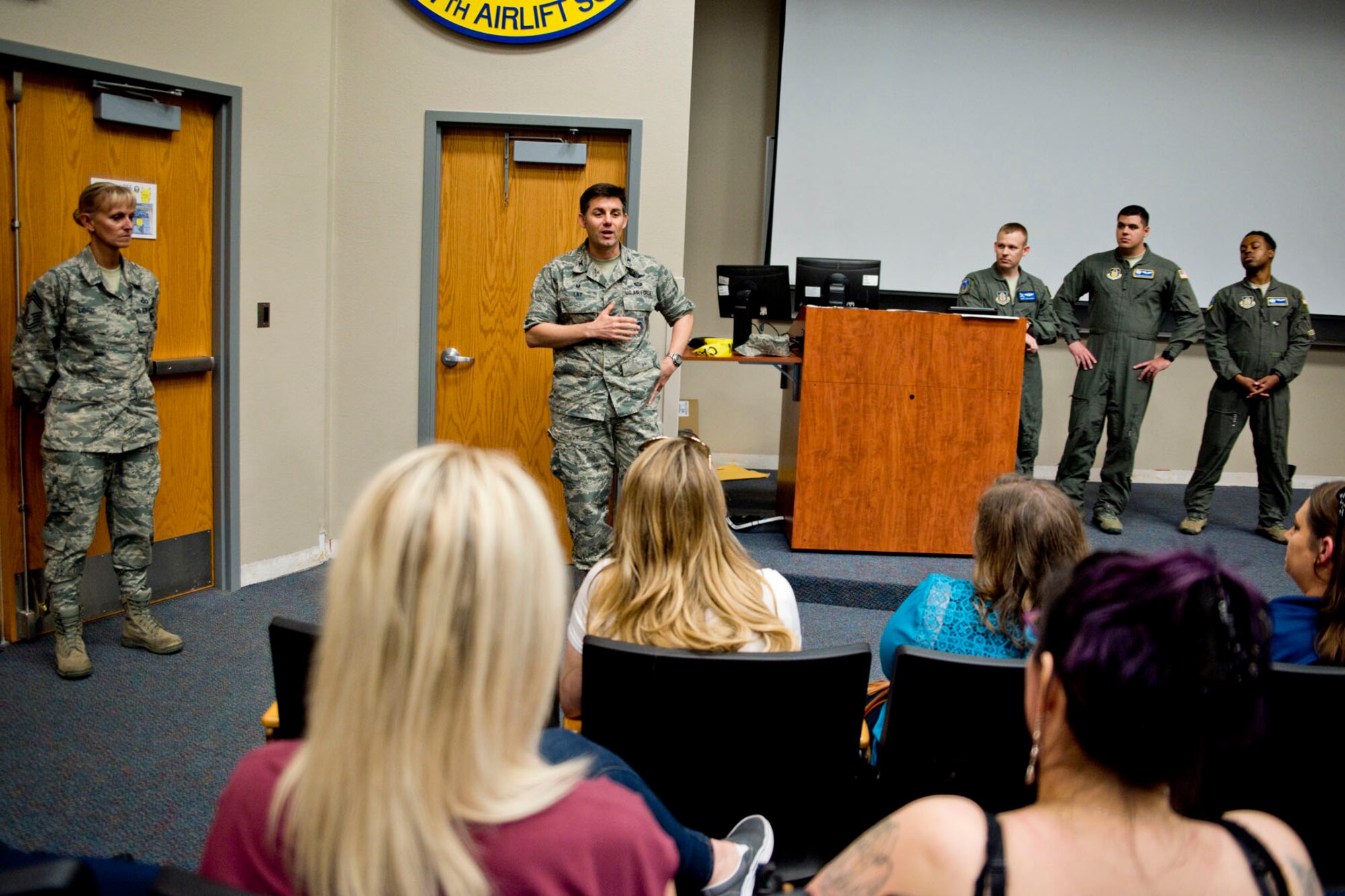 U.S. Air Force Reserve Col. Christopher Lay, commander of the 913th Airlift Group, speaks to spouses of 913th AG members during a briefing May 5, 2018, at Little Rock Air Force Base, Ark.