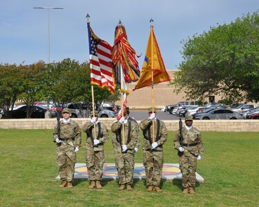 Members of the 418th Contracting Support Brigade make up a color guard during an uncasing ceremony April 20 at Fort Hood, Texas. The uncasing of 418th CSB organizational colors signals the return from deployment to Afghanistan for the unit.