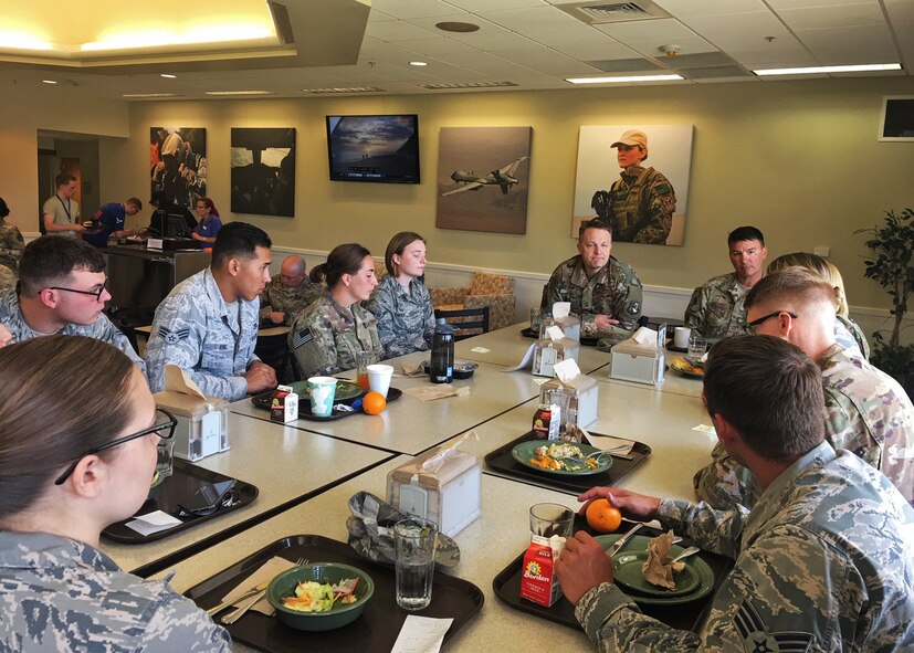 Chief Master Sgt. James Loper, 10th Air Force Command Chief, responds to questions from 919th Special Operations Wing reservists