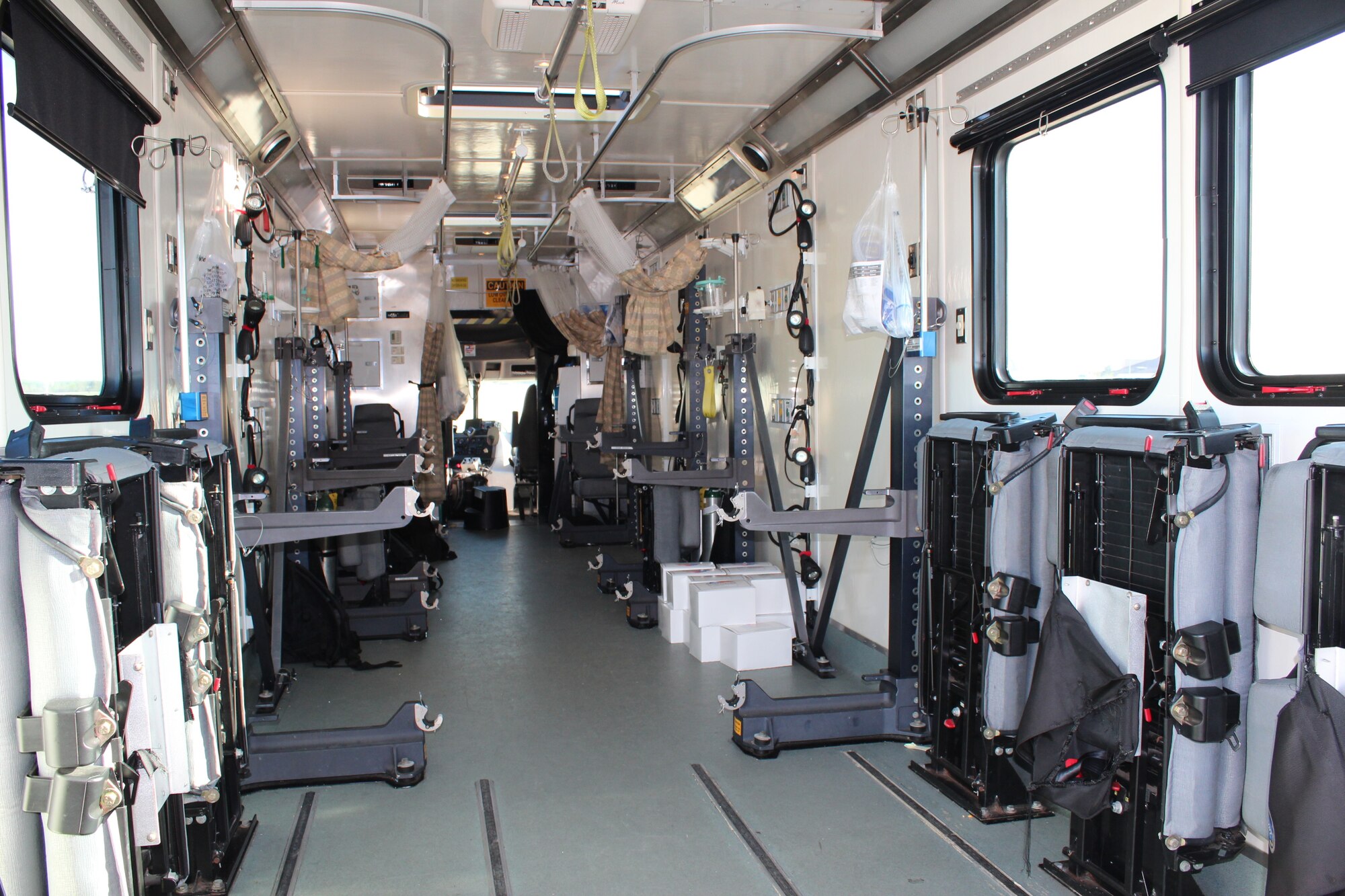 Interior view of an ambulance parked at Joint Base Andrews, Md., April 26, 2018. Buses are with equipment to provide critical care when transferring patients. (U.S. Air Force photo by Karina Luis)