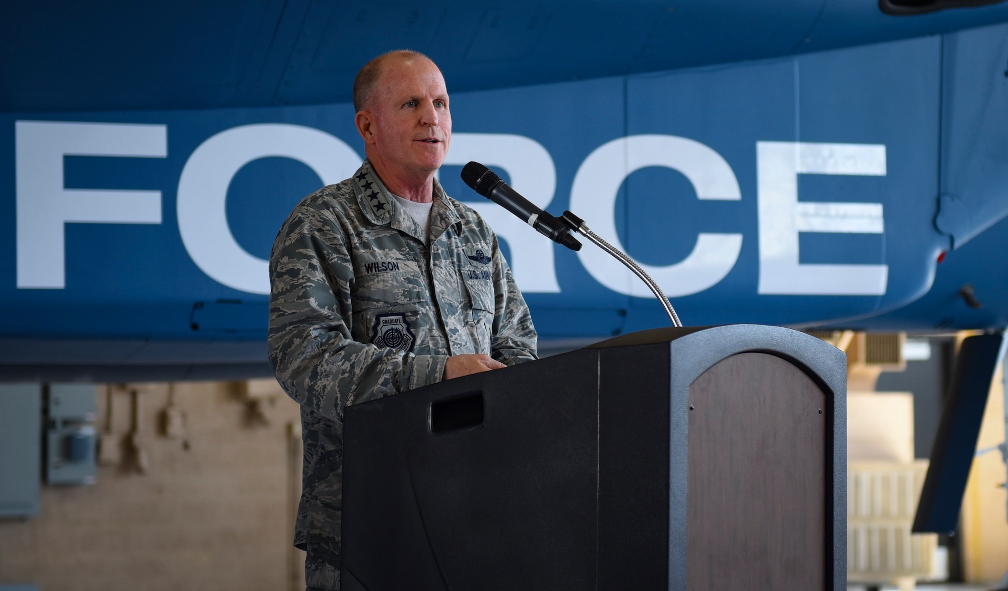 Air Force Vice Chief of Staff Gen. Stephen W. Wilson speaks during the Gen. Lew Allen Jr. Award ceremony at Nellis Air Force Base, Nevada, May 2, 2018. The award was named after the 10th Chief of Staff of the Air Force. (U.S. Air Force photo by Airman 1st Class Andrew D. Sarver)