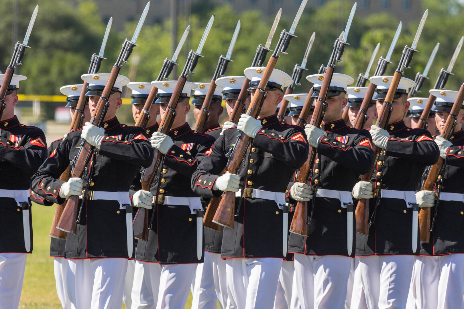 U.S. Marines with the Silent Drill Platoon execute silent exhibition drill movements during the annual Military Appreciation Weekend May 6, 2017 at Joint Base San Antonio-Fort Sam Houston, Texas. U.S. Army North and JBSA hosted the two-day event, which featured music, family activities, and various military demonstrations. This year, the appreciation weekend also commemorated the 300th anniversary for the city of San Antonio. (U.S. Air Force photo by Ismael Ortega / Released)