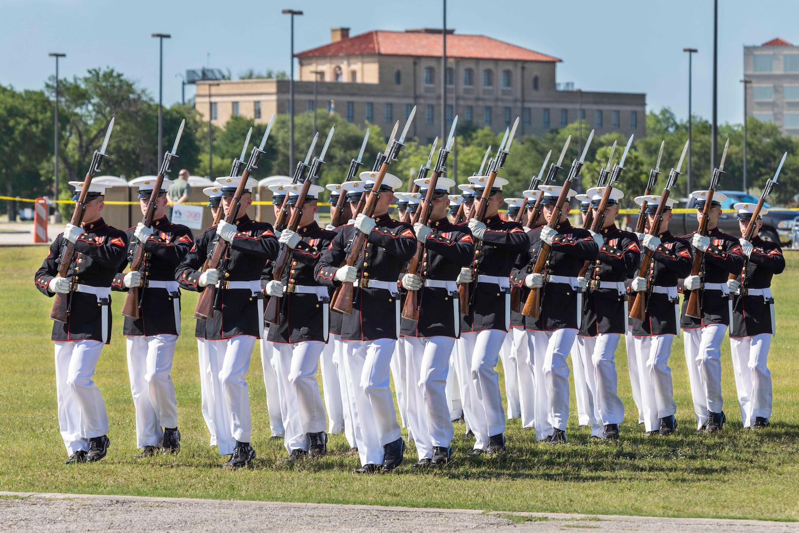 U.S. Marines with the Silent Drill Platoon execute silent exhibition drill movements during the annual Military Appreciation Weekend May 6, 2017 at Joint Base San Antonio-Fort Sam Houston, Texas. U.S. Army North and JBSA hosted the two-day event, which featured music, family activities, and various military demonstrations. This year, the appreciation weekend also commemorated the 300th anniversary for the city of San Antonio. (U.S. Air Force photo by Ismael Ortega / Released)