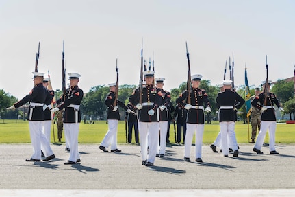 U.S. Marines with the Silent Drill Platoon execute silent exhibition drill movements during the annual Military Appreciation Weekend May 6, 2017 at Joint Base San Antonio-Fort Sam Houston, Texas. U.S. Army North and JBSA hosted the two-day event, which featured music, family activities, and various military demonstrations. This year, the appreciation weekend also commemorated the 300th anniversary for the city of San Antonio. (U.S. Air Force photo by Ismael Ortega / Released)