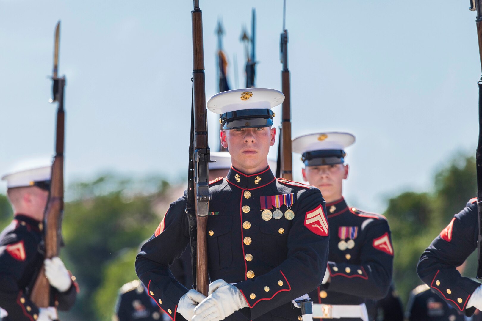 U.S. Marines with the Silent Drill Platoon execute silent exhibition drill movements during the annual Military Appreciation Weekend May 6, 2017 at Joint Base San Antonio-Fort Sam Houston, Texas. U.S. Army North and JBSA hosted the two-day event, which featured music, family activities, and various military demonstrations. This year, the appreciation weekend also commemorated the 300th anniversary for the city of San Antonio. (U.S. Air Force photo by Ismael Ortega / Released)