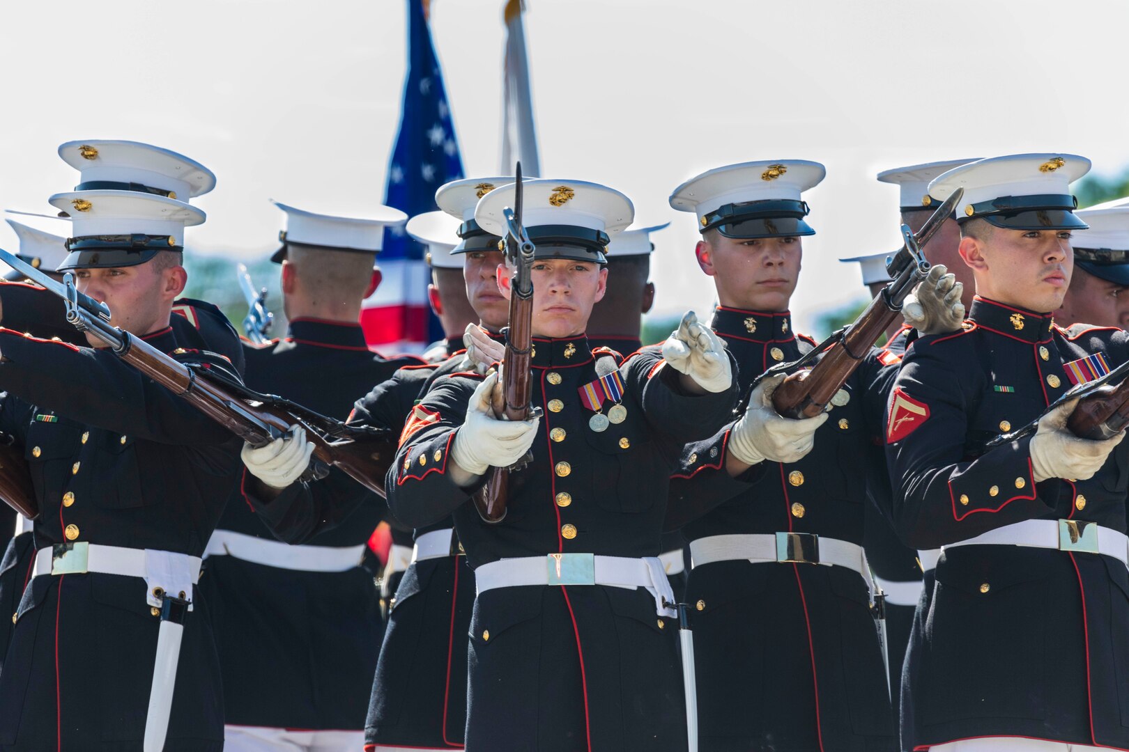 U.S. Marines with the Silent Drill Platoon execute silent exhibition drill movements during the annual Military Appreciation Weekend May 6, 2017 at Joint Base San Antonio-Fort Sam Houston, Texas. U.S. Army North and JBSA hosted the two-day event, which featured music, family activities, and various military demonstrations. This year, the appreciation weekend also commemorated the 300th anniversary for the city of San Antonio. (U.S. Air Force photo by Ismael Ortega / Released)