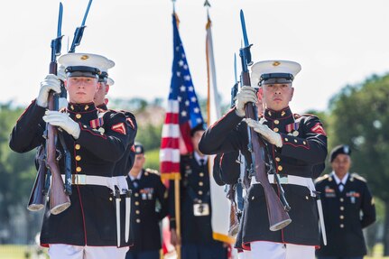 U.S. Marines with the  Silent Drill Platoon execute silent exhibition drill movements during the annual Military Appreciation Weekend May 6, 2017 at Joint Base San Antonio-Fort Sam Houston, Texas. U.S. Army North and JBSA hosted the two-day event, which featured music, family activities, and various military demonstrations. This year, the appreciation weekend also commemorated the 300th anniversary for the city of San Antonio. (U.S. Air Force photo by Ismael Ortega / Released)