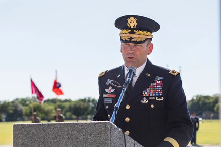 Lt. Gen Jeffrey S. Buchanan, U.S. Army North (Fifth Army) commander addresses the crowd during the annual Military Appreciation Weekend May 6, 2017 at Joint Base San Antonio-Fort Sam Houston, Texas. U.S. Army North and JBSA hosted the two-day event, which featured music, family activities, and various military demonstrations. This year, the appreciation weekend also commemorated the 300th anniversary for the city of San Antonio. (U.S. Air Force photo by Ismael Ortega / Released)