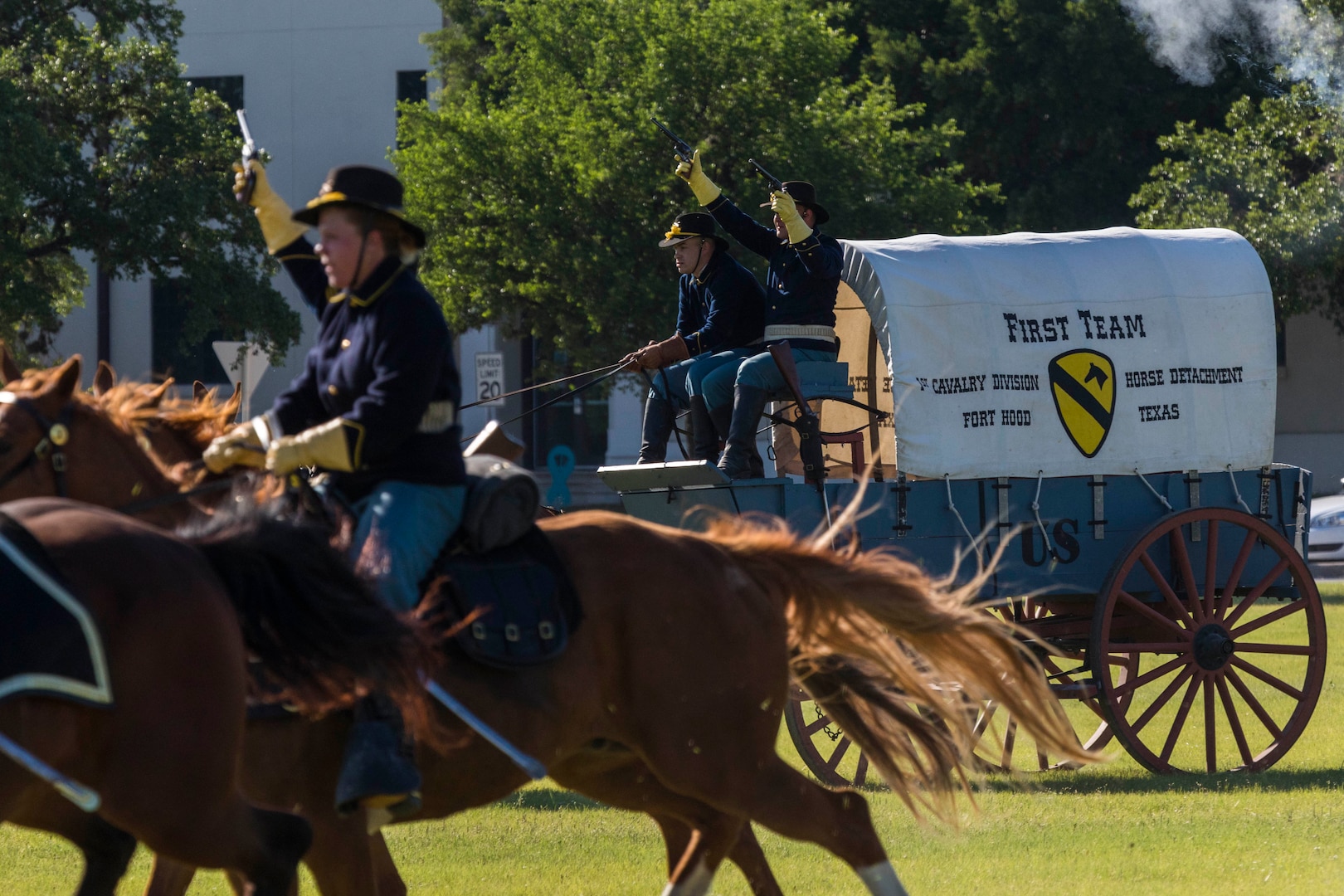 U.S. Army Soldiers with 1st Cavalry Division’s Horse Cavalry Detachment charge across the field during the annual Military Appreciation Weekend May 6, 2017 at Joint Base San Antonio-Fort Sam Houston, Texas. U.S. Army North and JBSA hosted the two-day event, which featured music, family activities, and various military demonstrations. This year, the appreciation weekend also commemorated the 300th anniversary for the city of San Antonio. (U.S. Air Force photo by Ismael Ortega / Released)