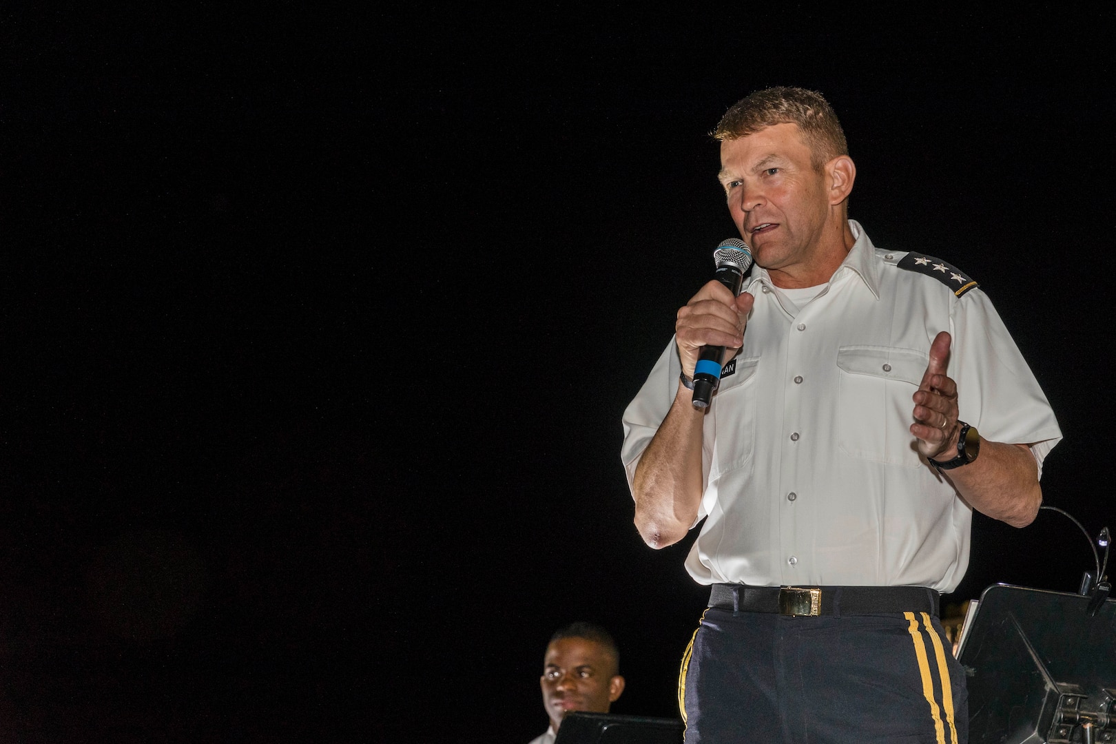 Lt. Gen Jeffrey S. Buchanan, U.S. Army North (Fifth Army) commander addresses the crowd during the annual Military Appreciation Weekend May 6, 2017 at Joint Base San Antonio-Fort Sam Houston, Texas. U.S. Army North and JBSA hosted the two-day event, which featured music, family activities, and various military demonstrations. This year, the appreciation weekend also commemorated the 300th anniversary for the city of San Antonio. (U.S. Air Force photo by Ismael Ortega / Released)