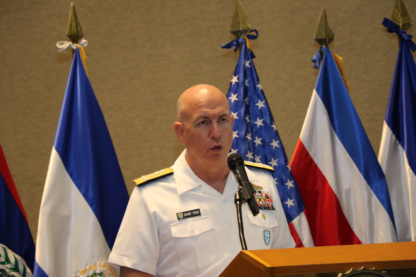 Navy Adm. Kurt W. Tidd speaks during 2018 Central American Security Conference.