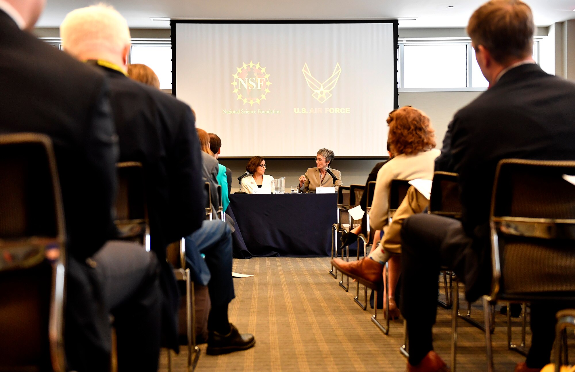 Secretary of the Air Force Heather Wilson and National Science Foundation Director France Córdova answer questions after signing a letter of intent in Washington, D.C., May 9, 2018. The letter of intent initiates a strategic partnership focused on research in four areas of common interest: space operations and geosciences, advanced material sciences, information and data sciences, and workforce and processes. (U.S. Air Force photo by Staff Sgt. Rusty Frank)