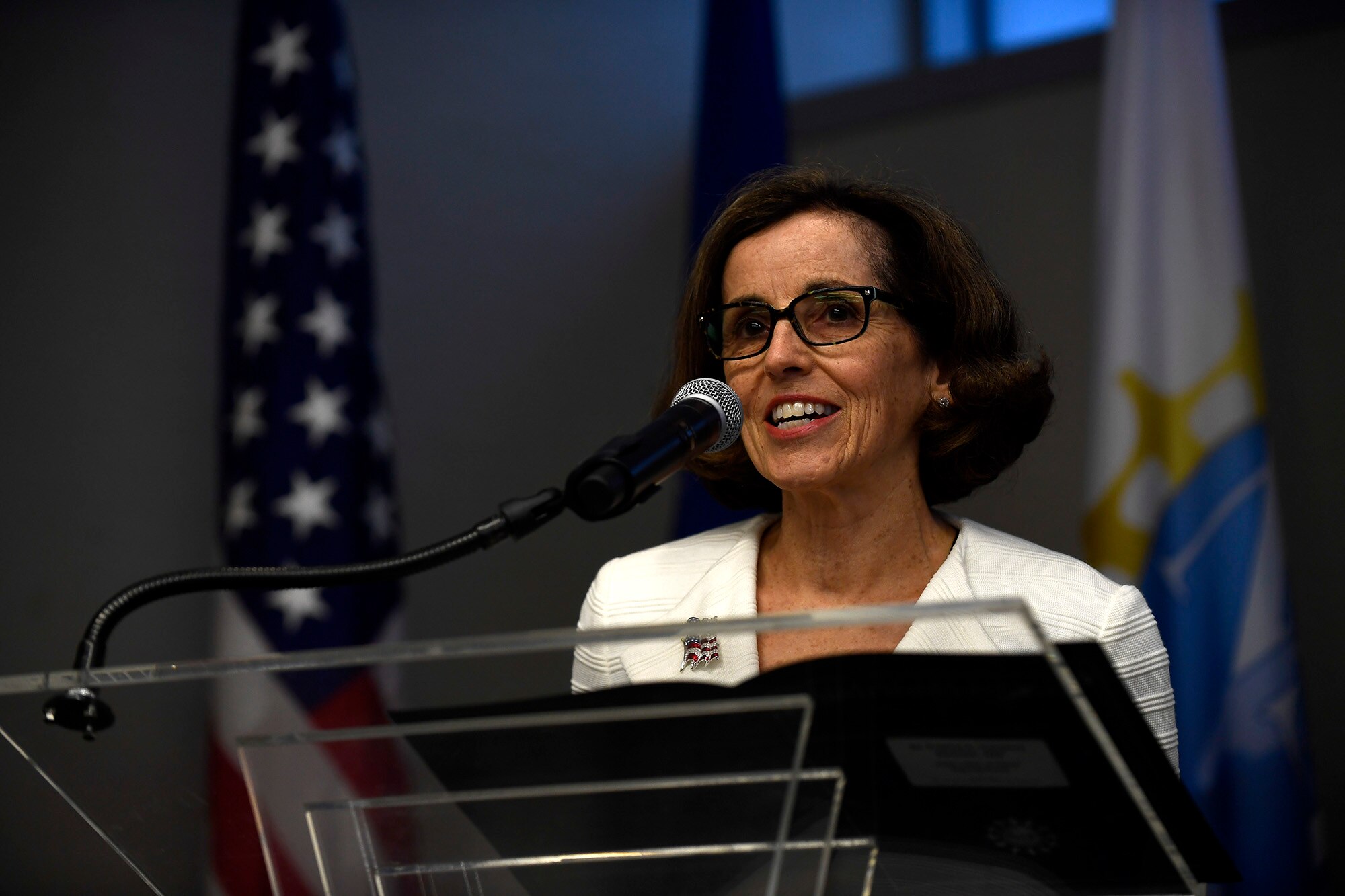 National Science Foundation Director France Córdova speaks prior to signing a letter of intent with the National Science Foundation in Washington, D.C., May 9, 2018. The letter of intent initiates a strategic partnership focused on research in four areas of common interest: space operations and geosciences, advanced material sciences, information and data sciences, and workforce and processes. (U.S. Air Force photo by Staff Sgt. Rusty Frank)